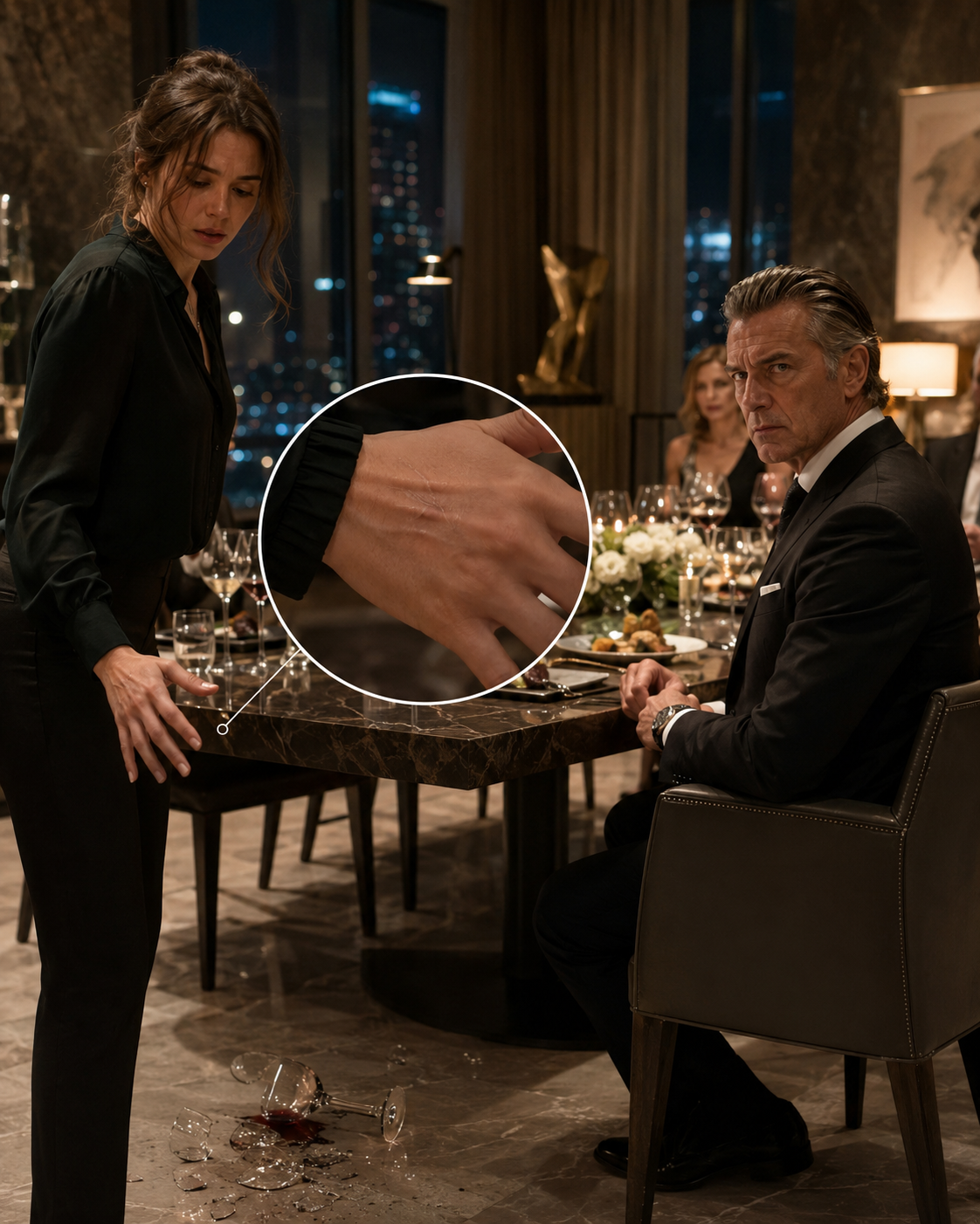 She Dropped a Glass at His Dinner Table and Begged Him Not to Be Angry — Then He Saw Her Hands and Understood Everything She Had Never Said
