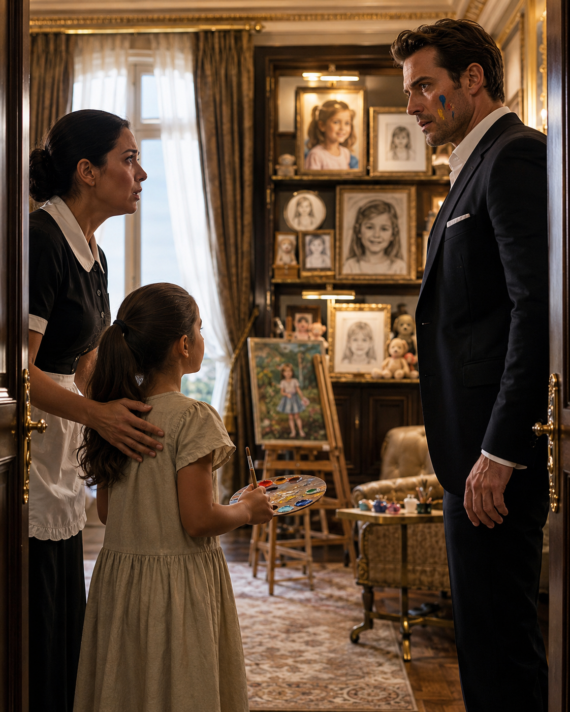 The Housemaid’s Daughter Painted the Billionaire’s Face — Then Found Her Name in His Locked Room