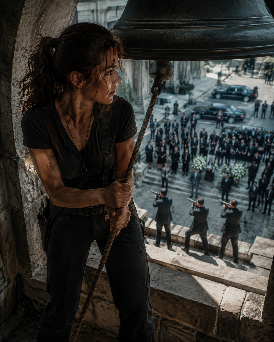 She Climbed the Church Tower to Fix the Bell Before the Mafia Funeral — Then Found Three Gunmen Aiming at the Crowd and Rang Her Grandfather’s Secret Betrayal Code