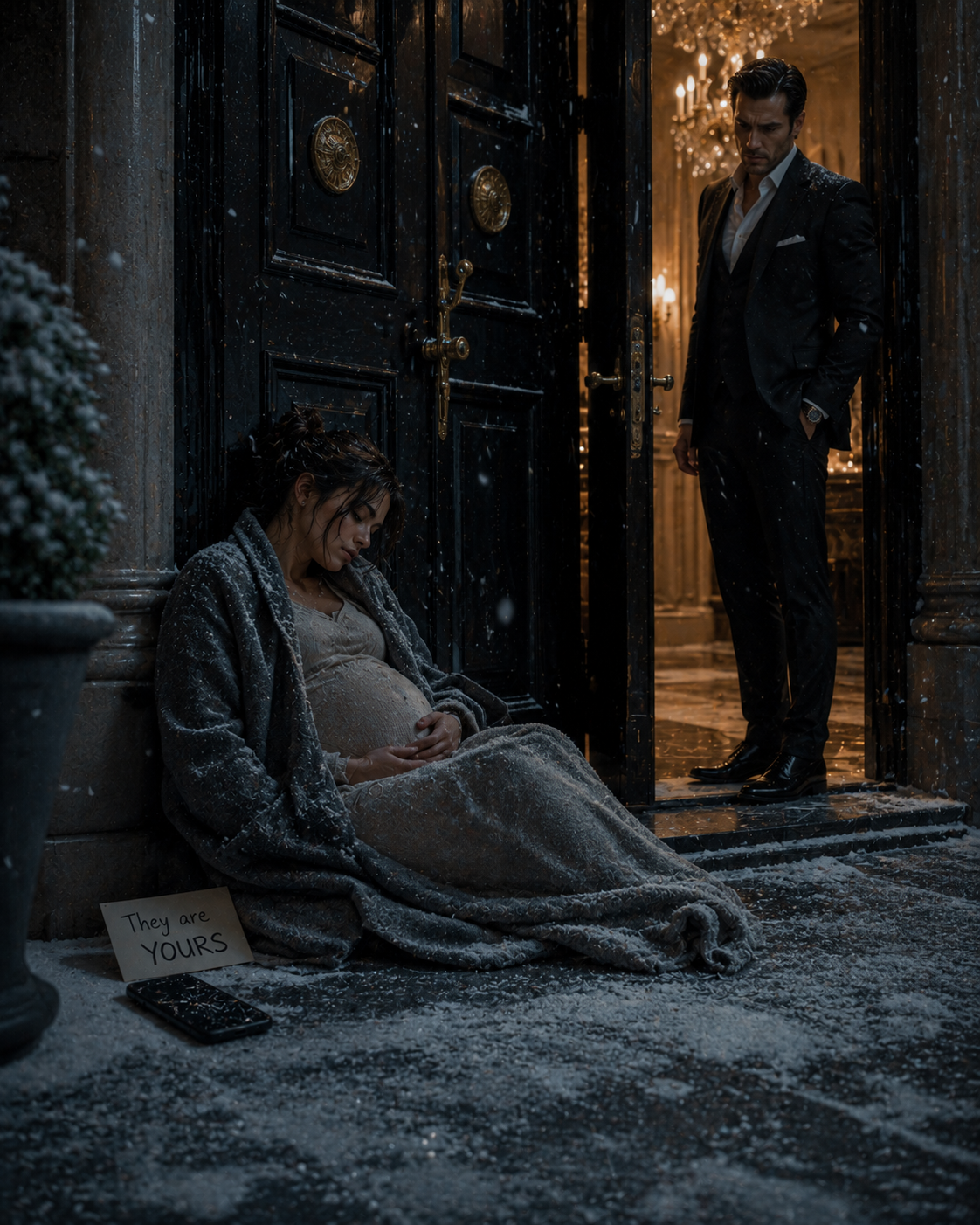 She Slept Against a Billionaire’s Door in the Snow While Pregnant With His Twins — He Only Looked Twice When He Saw What Was Written on the Note Beside Her Cracked Phone