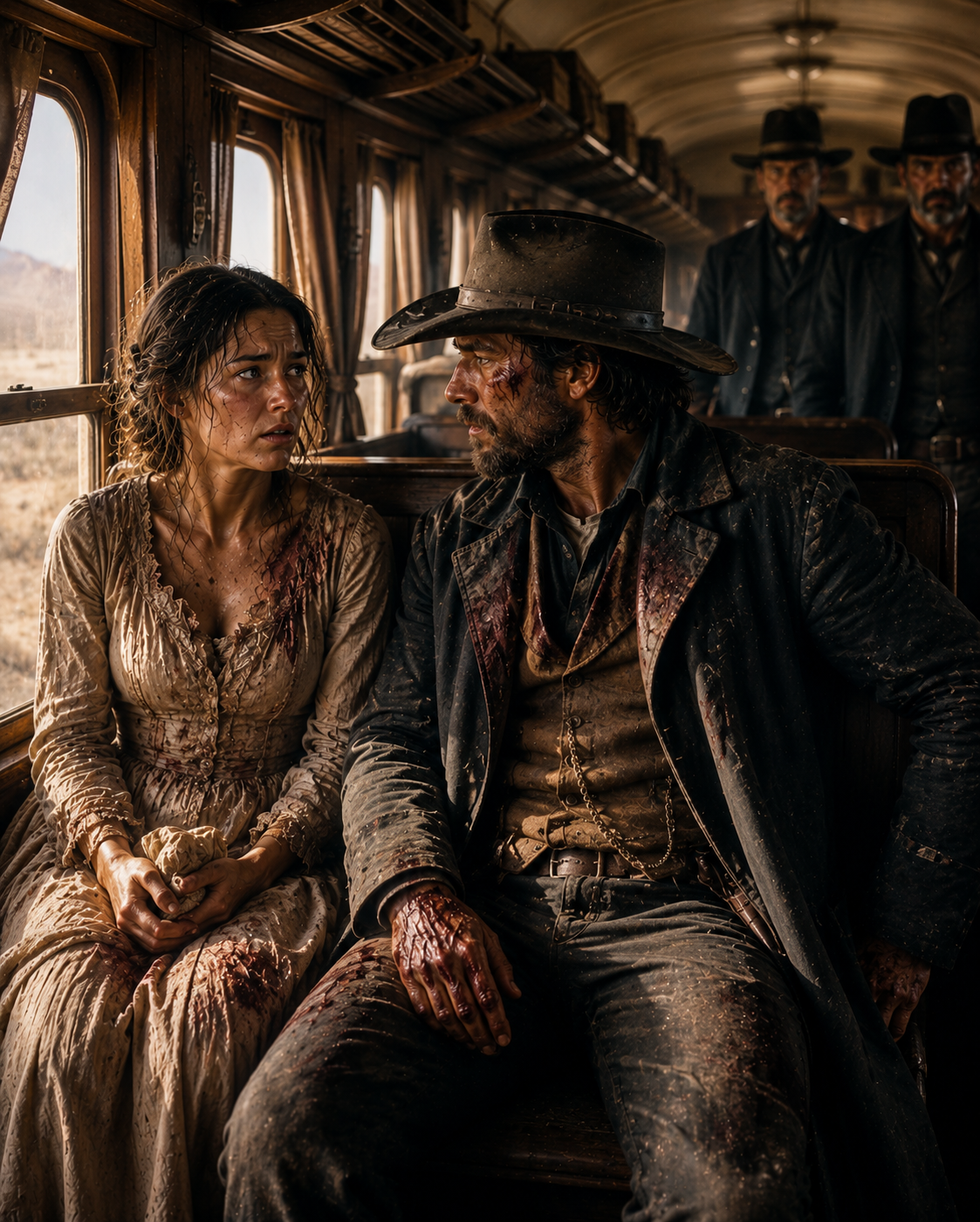 She Boarded the Train a Ruined Woman — Then a Bloodied Stranger Sat Down Beside Her and Everything the Men Hunting Her Were About to Do Changed