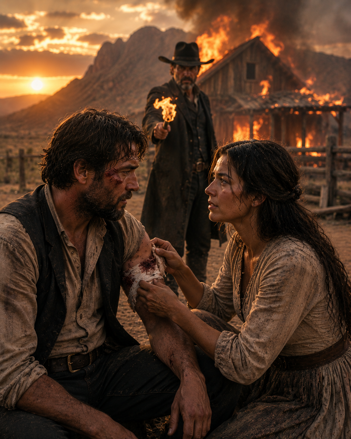 She Mended His Wound with Her Hands, His Loneliness with Her Presence—Until the Man Who Built the Ranch with Him Tried Burning It All to Stop Their Love