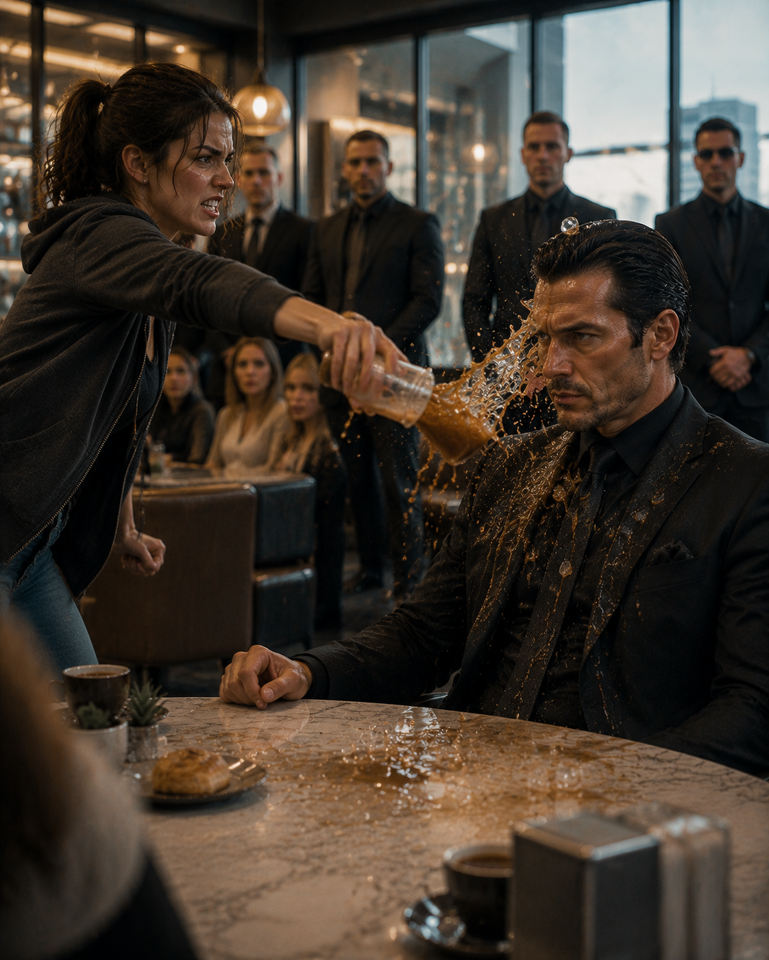 She Threw Iced Coffee on a Stranger at Her Table — He Turned Out to Be the Boss Guarding Her Whole Family