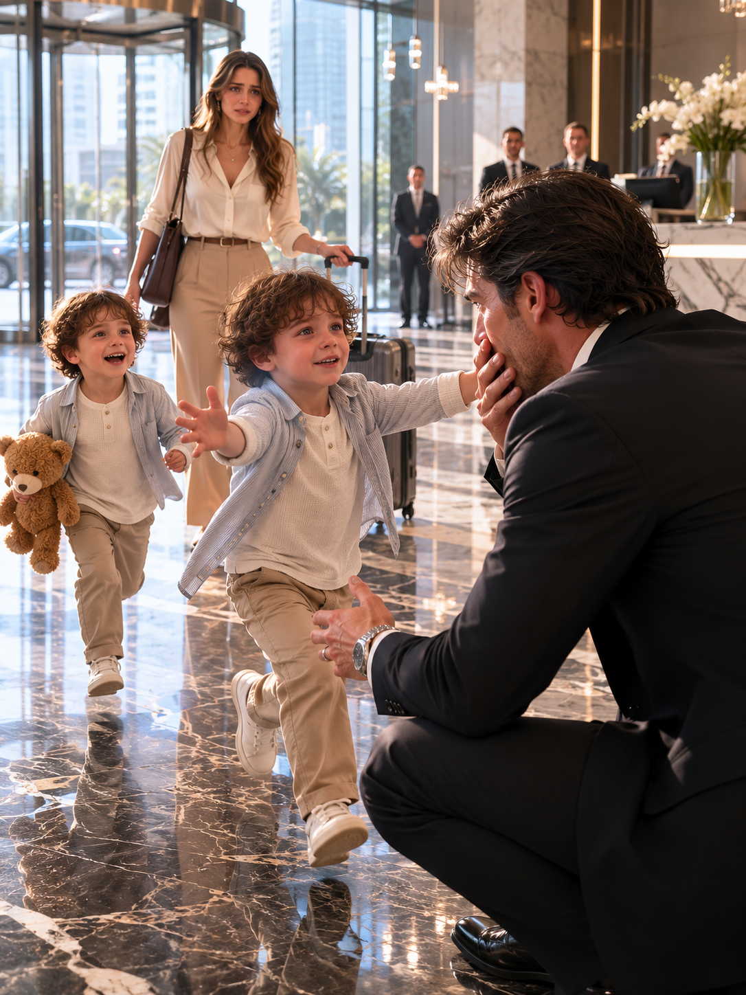 The Billionaire Thought His Wife Had Left Forever — Then Two Little Boys Walked Into His Lobby Calling Him Dad