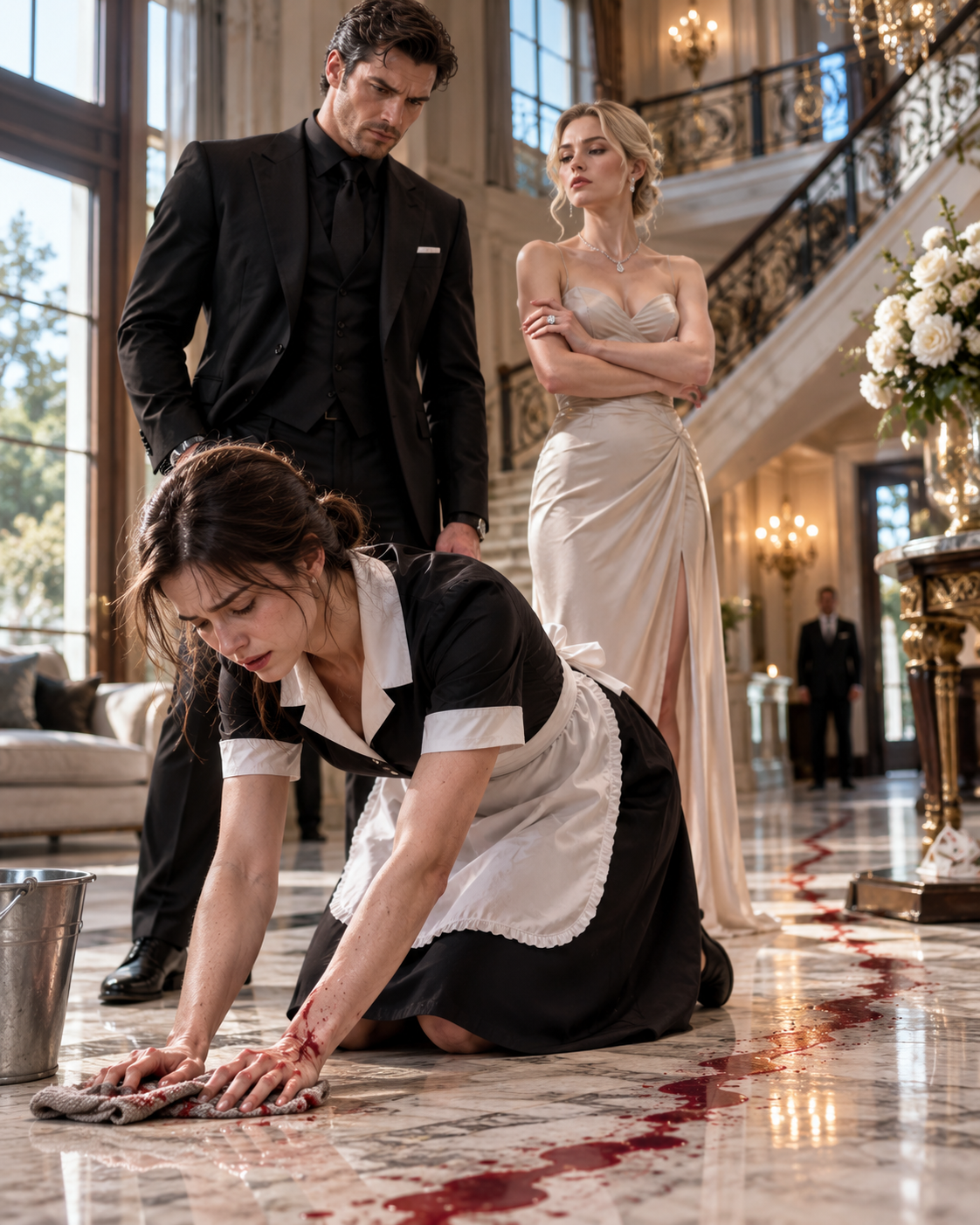 His fiancée ordered the bleeding maid to continue scrubbing—until the billionaire followed the trail of blood on the marble floor and uncovered the truth hidden beneath his family’s vast fortune.